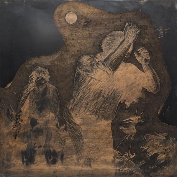 Escena con figuras humanas, ángel, perro y arquitectura suspendida